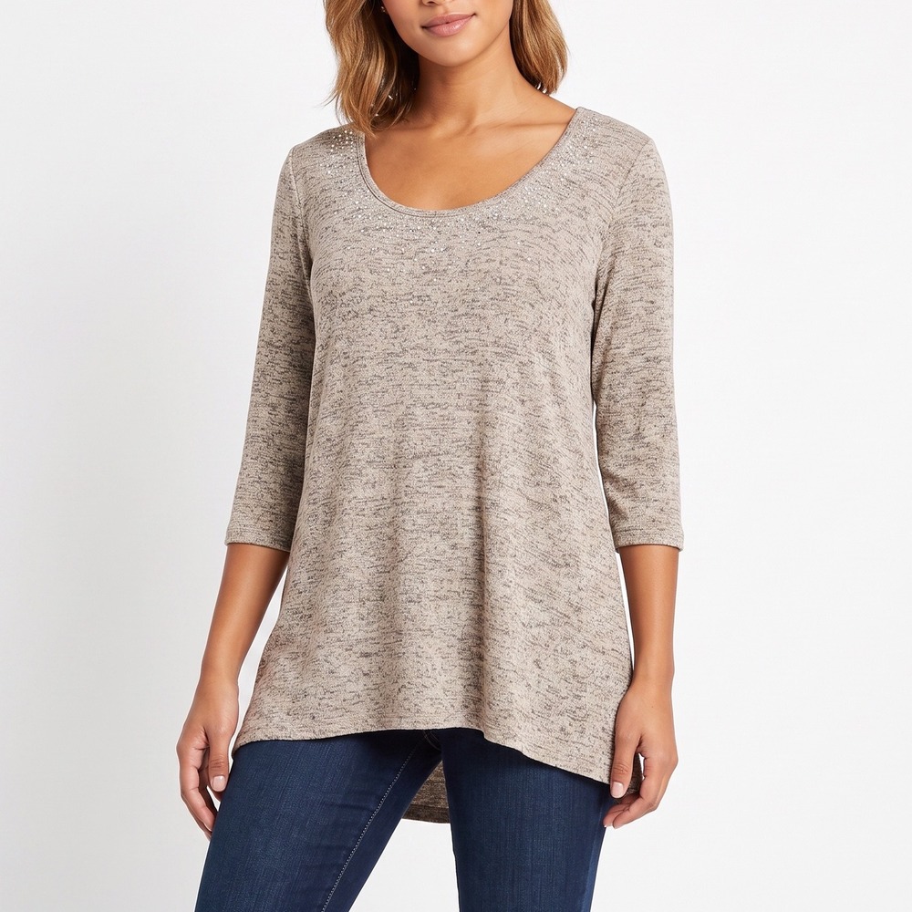 Obsession Top Womens 1X Tan Marled Rhinestone Scoop Neck Good